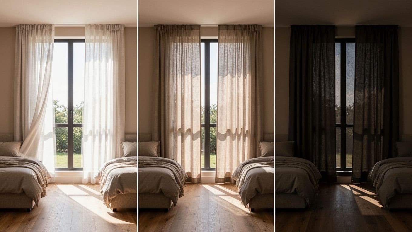 Photorealistic image of a cozy modern bedroom featuring a large floor-to-ceiling window with custom curtains shown fully open, half-drawn, and fully closed.