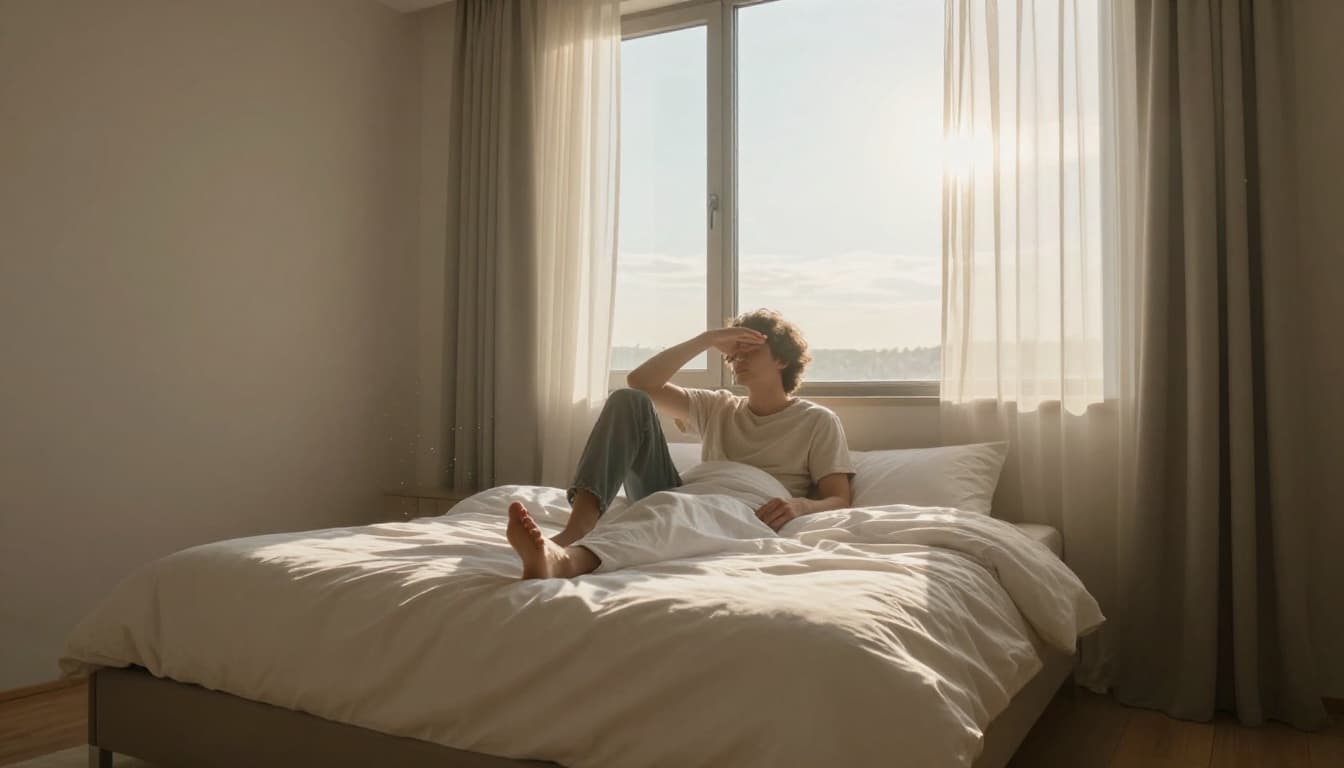 A cozy modern bedroom in early morning with intense sunlight streaming through floor-to-ceiling windows, casting glare on white bed sheets where one person sits up squinting and shielding their eyes.