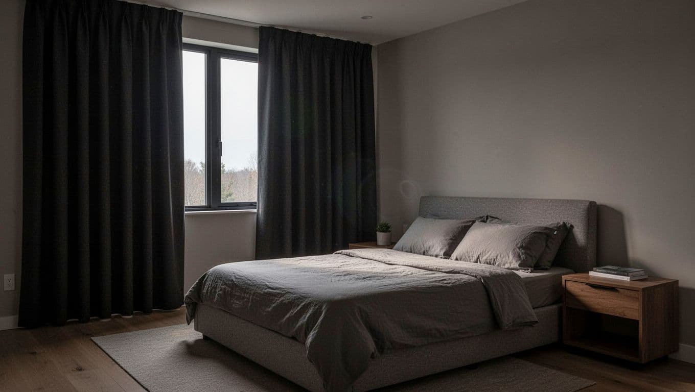 A realistic photo of an empty cozy modern bedroom featuring large windows with upgraded thick blackout curtains for superior light-blocking and privacy, simple bed linens, dim ambient light, and a restful mood.