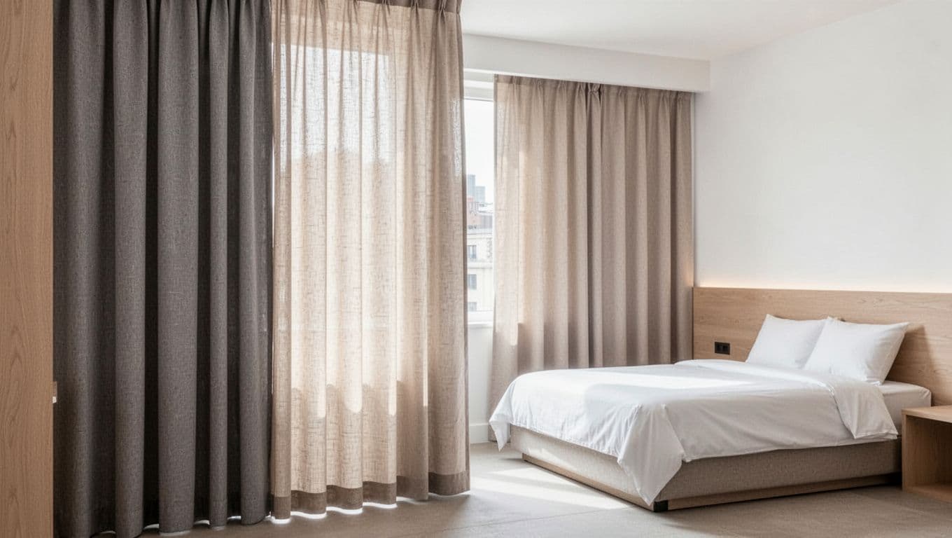 A serene modern hotel room interior showcasing floor-to-ceiling curtains in soft gray and beige neutral tones with perfect pleats and drape. Minimalist bed with white linens and light wood accents on white walls, illuminated by soft daylight, in a clutter-free, sophisticated style with no people or distractions.
