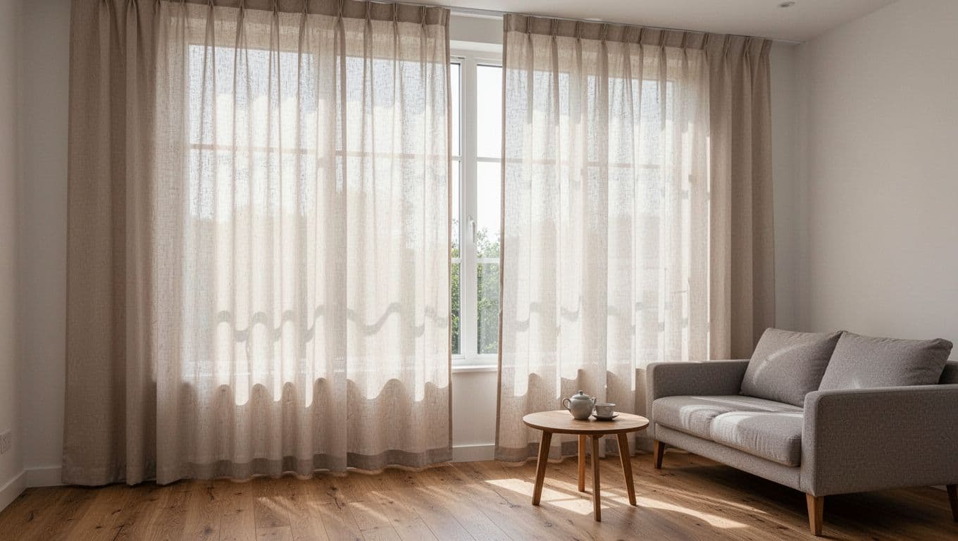 A warm modern living room features custom lightweight cotton-polyester blend curtains in light beige, with soft sunlight filtering through large windows onto a simple sofa, coffee table, and wooden floor.