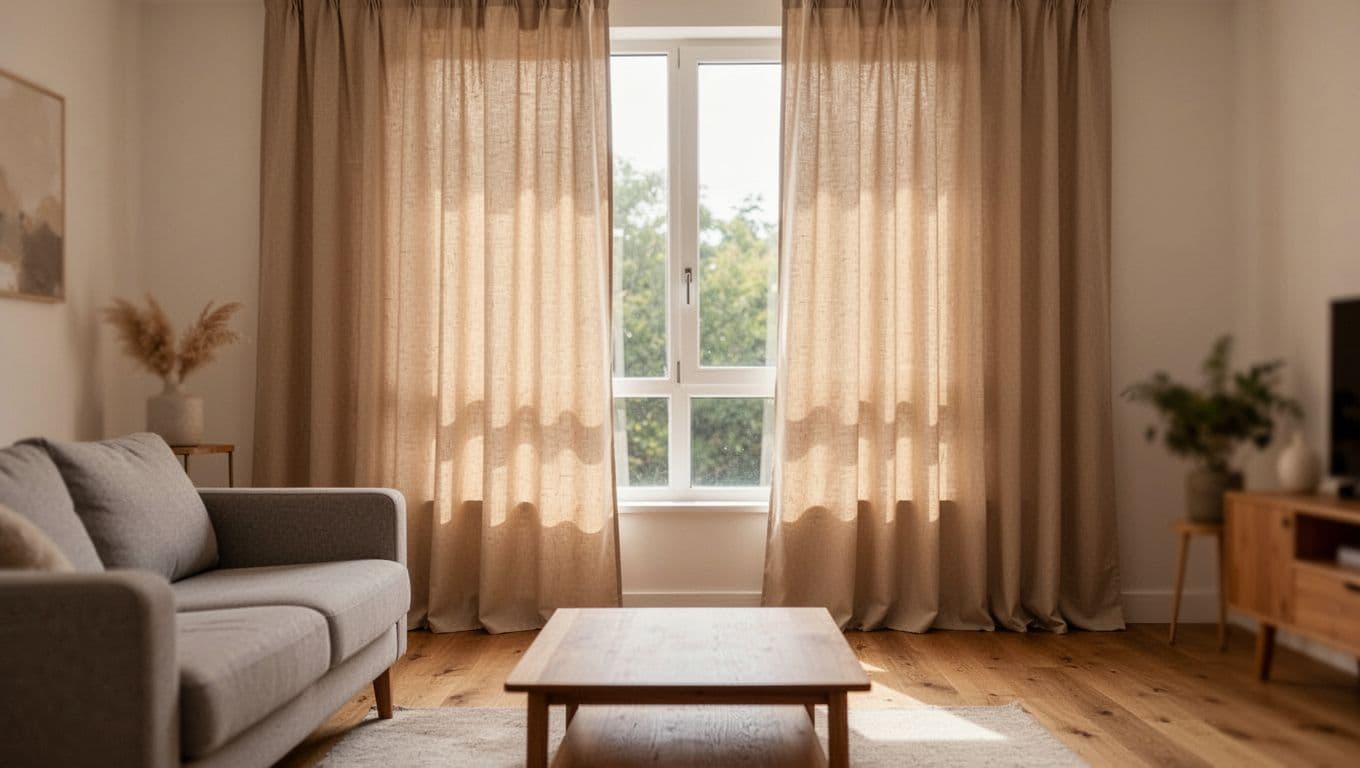 窗簾訂製預算表:入門到高規3種方案全指南 A cozy modern living room with one large window featuring simple, affordable beige polyester floor-length curtains partially drawn, allowing soft natural daylight to filter through onto a wooden floor with a simple sofa and coffee table.