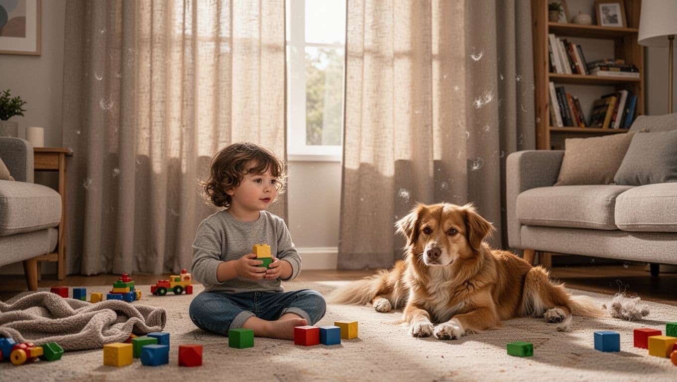 Photorealistic image of a cozy modern family living room bathed in soft afternoon light, featuring one young child sitting relaxed on the floor holding a toy block and one medium-sized dog lying calmly nearby, with pristine floor-to-ceiling durable curtains showing subtle anti-scratch texture.