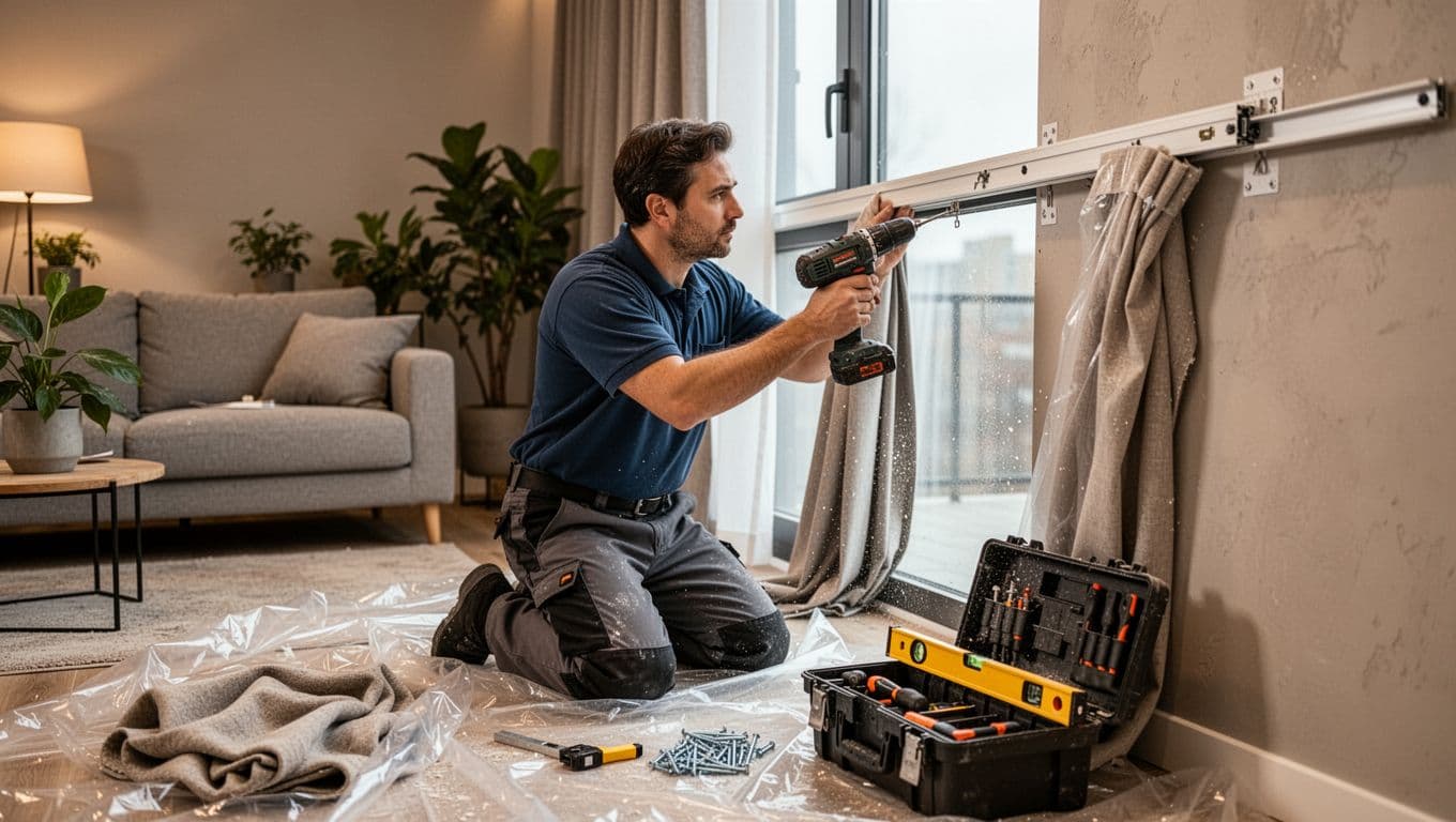 One installer kneels by a floor-to-ceiling window in a cozy modern living room, using a power drill to secure a curtain track to the wall, with protective plastic sheets on the floor and tools nearby.