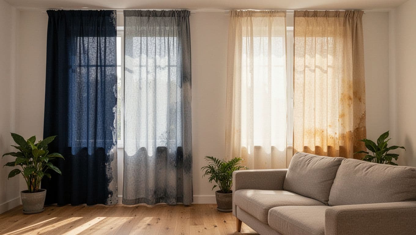 Detailed photorealistic image of a cozy modern living room in landscape ratio, featuring two adjacent large windows with navy and cream curtains showing uneven fading, soft afternoon sunlight highlighting textures, beige sofa, potted plant, and light wooden floors.