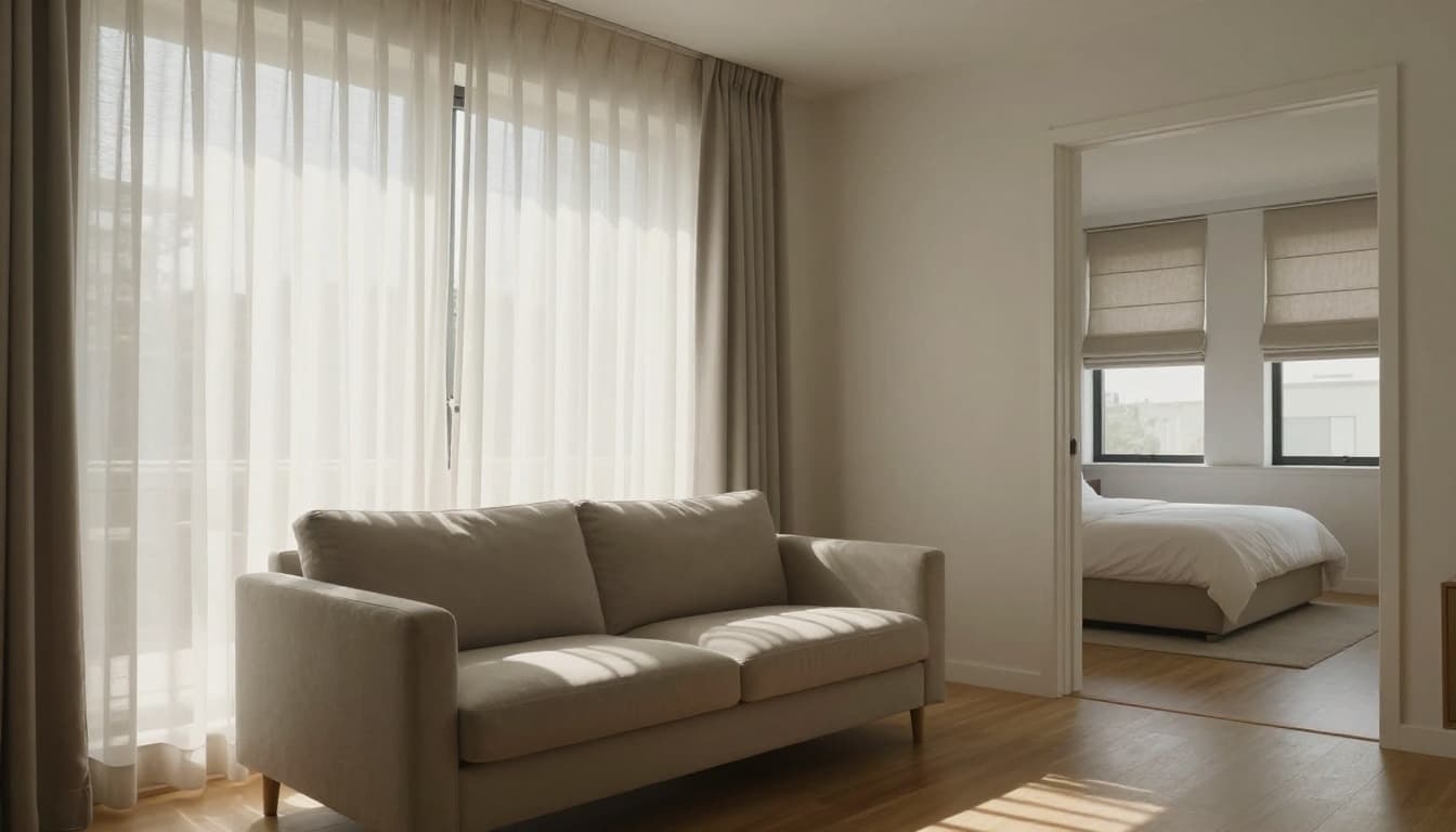 A cozy modern living room features large floor-to-ceiling windows with simple straight sheer curtains in neutral fabric, allowing soft sunlight to filter onto a sofa and wooden floor for an airy minimalist vibe. An adjacent bedroom is visible through an open door with matching Roman shades folded up.