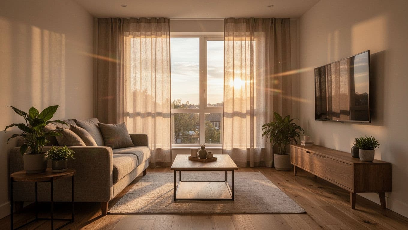 訂製窗簾不同房間要花多少?客廳臥室書房估算全指南 Cozy modern living room in late afternoon with west-facing large window and half-drawn semi-opaque curtains reducing sunlight and TV glare. Soft filtered light illuminates sofa, coffee table, wooden floor, and plants in a warm golden hour mood, realistic photo with high detail.