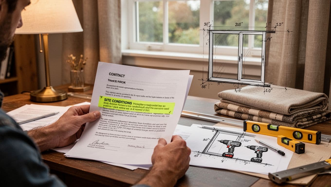 In a cozy home study, one person reviews a contract highlighting site conditions, with a nearby sketch of window installation site including track positions, tools like drill and level, and folded curtain fabric under soft lamp light.