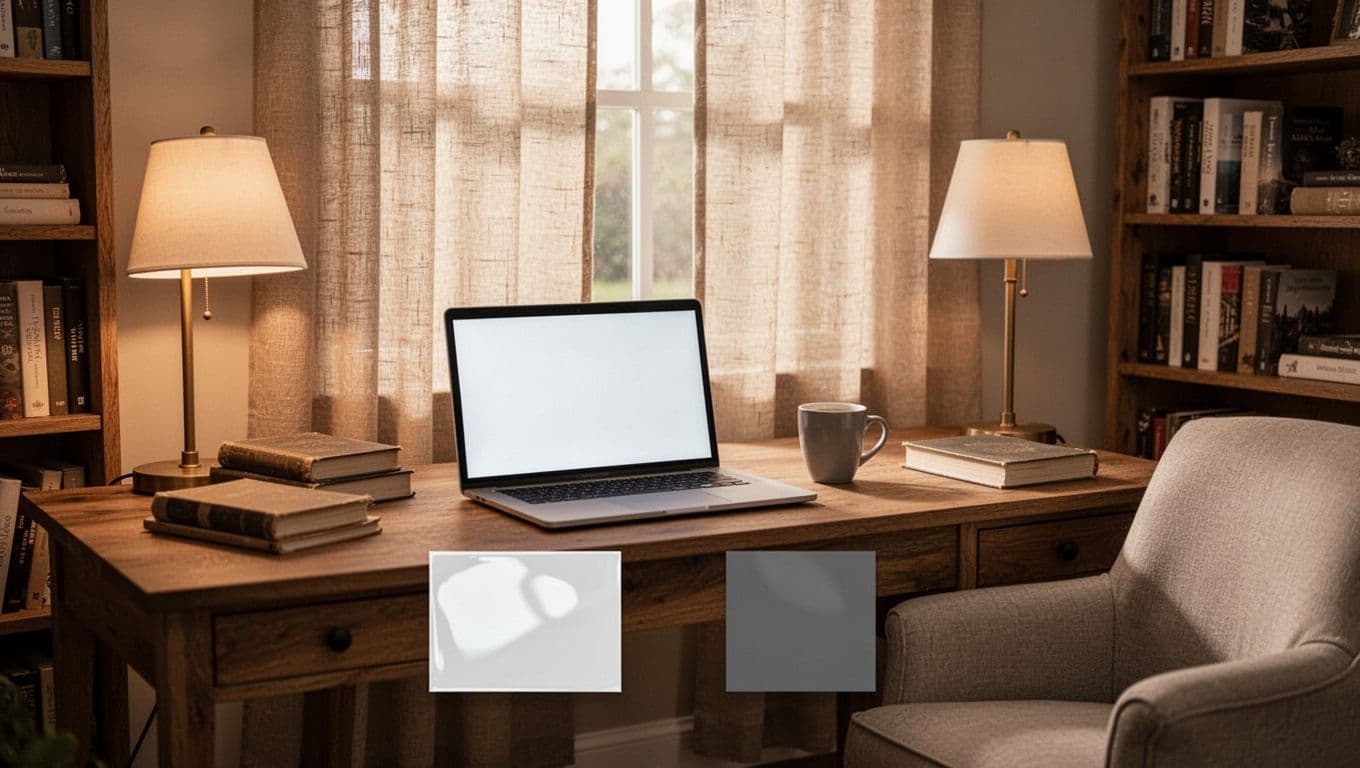 訂製窗簾不同房間要花多少?客廳臥室書房估算全指南 Cozy study room desk setup with open laptop screen showing no glare, window behind with matte textured beige curtain drawn to diffuse light softly, alternative swatches nearby showing glossy white reflecting light versus matte gray absorbing it, wooden desk with books and coffee mug, warm lamp light supplementing, bookshelves, comfortable armchair, realistic photo in soft afternoon light, high detail on fabric textures and screen clarity, no people, exactly one laptop and one mug on desk, no hands or extra items, neutral calming mood, landscape aspect ratio, no text.