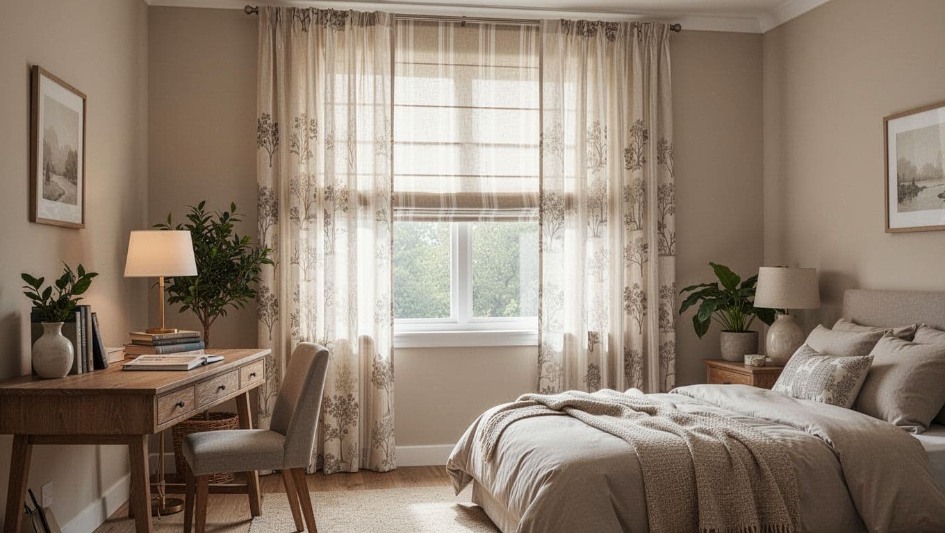 窗簾訂製預算表:入門到高規3種方案全指南 Photorealistic cozy study room or bedroom interior with half-drawn Roman blinds featuring light stripes or nature motifs, soft diffused natural light illuminating a wooden desk with books and lamp or comfortable bed, simple modern beige decor with plants, one large window, focus on curtain details.