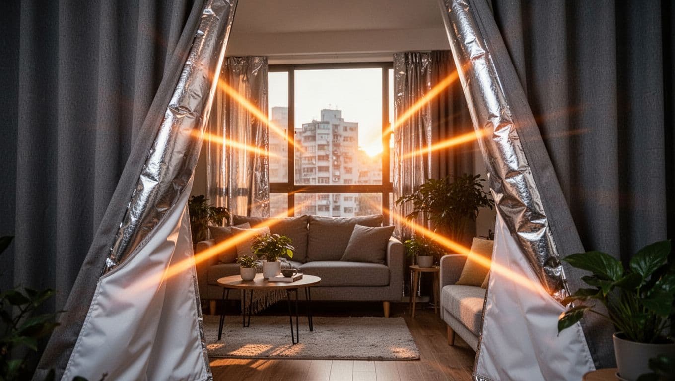 西曬隔熱,窗簾加內襯值得嗎?預算評估全指南 A cozy living room in a Taiwanese urban apartment bathed in late afternoon shade, with thick curtains featuring white thermal lining blocking intense west-facing sunlight and reflecting orange heat rays with their silver coating. The cool shaded interior includes a comfortable sofa, plants, and soft lighting, rendered in photorealistic detail.
