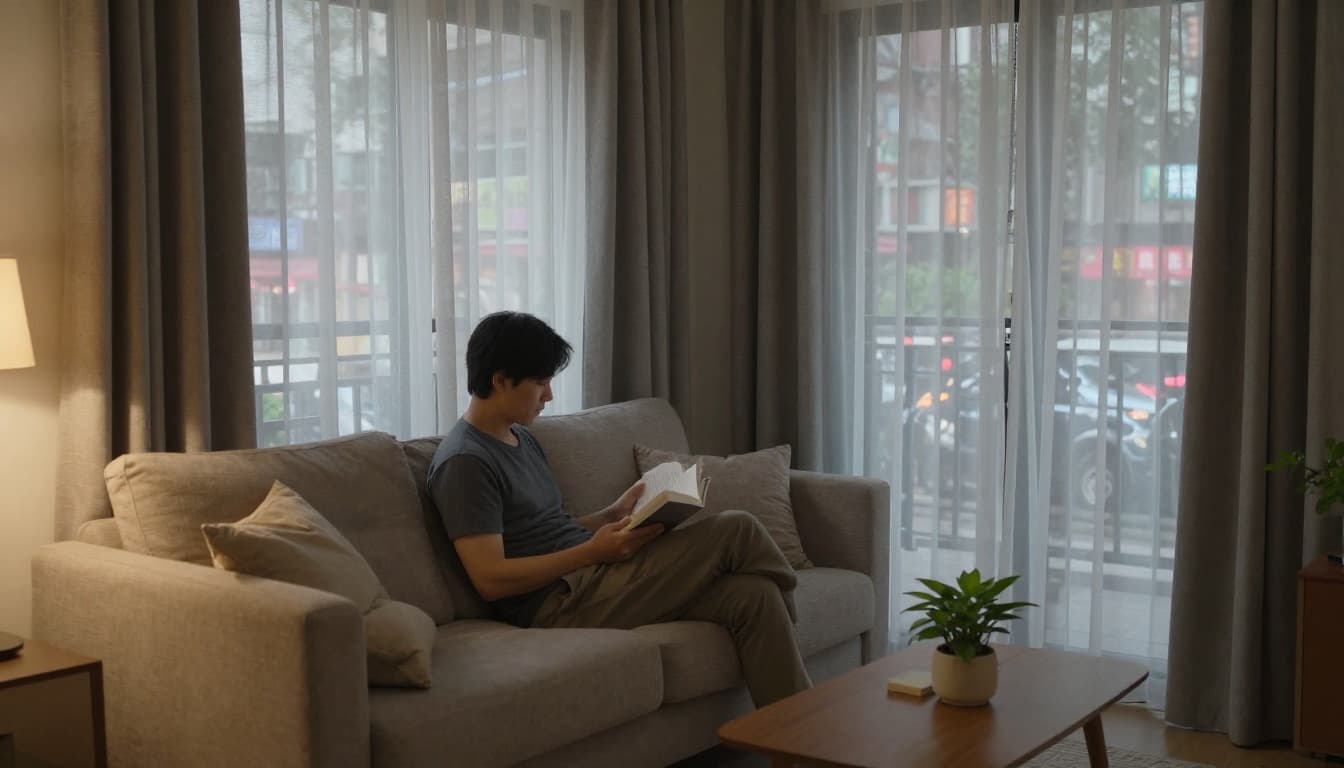 Photorealistic cozy Taiwanese living room with thick soundproof curtains blocking urban street noise, featuring one relaxed adult reading a book on a sofa under soft filtered light.