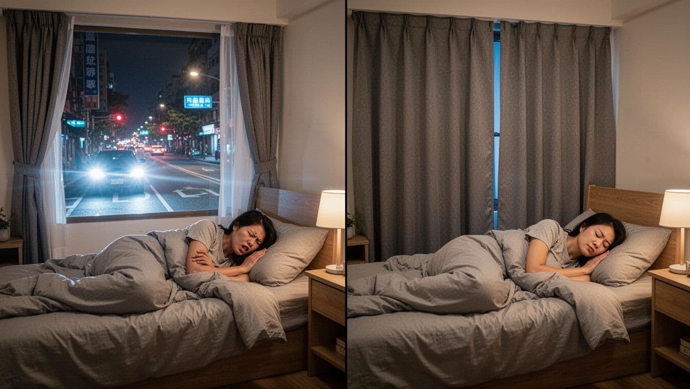 台灣臥室夜晚前後對比分屏圖：左側簾子開啟，街燈車聲干擾翻身難眠；右側厚簾拉上，擋光隔音，安穩入睡。
