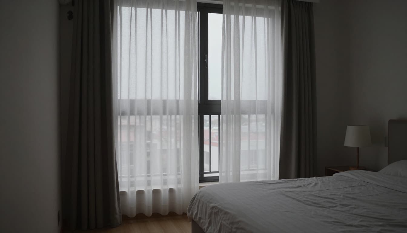 Cozy bedroom in a Taiwanese apartment with a standard 1.5m x 1.2m window framed by partially drawn sheer curtains, soft morning light filtering through, bedside table with lamp, simple bed on wooden floor.