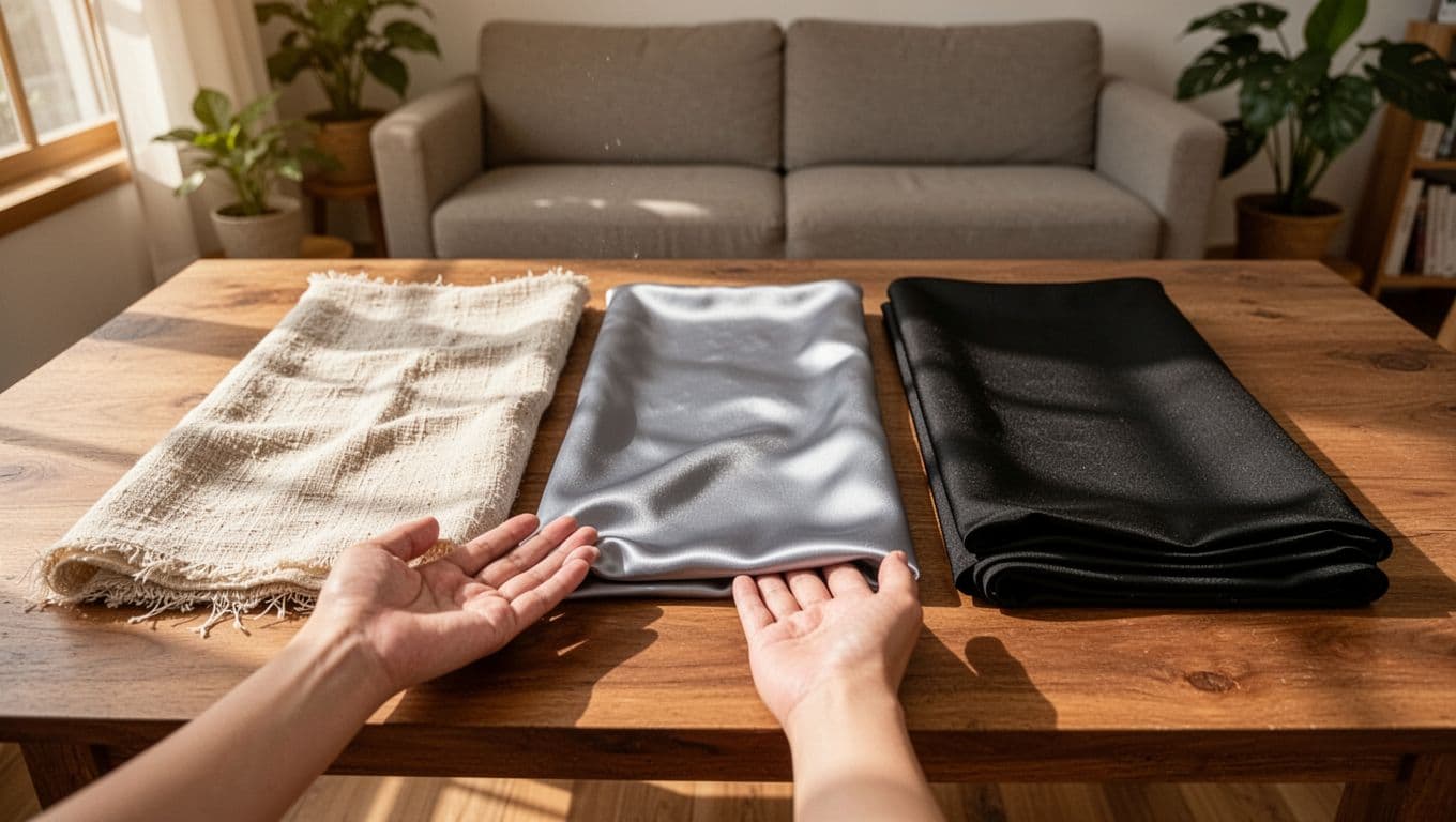 Wooden table in cozy Taiwanese living room with sunlight illuminating three curtain fabric samples: textured cotton-linen, smooth polyester, and thick blackout cloth, with two relaxed hands in foreground.