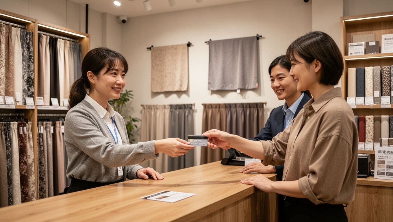 訂製窗簾付款要不要分期?常見流程與判斷要點 Photorealistic scene in a cozy curtain store where one customer hands a credit card to one clerk at the counter for installment payment discussion. Background features fabric samples and simple curtain displays in modern Taiwanese shop style with warm ambient lighting and friendly atmosphere.