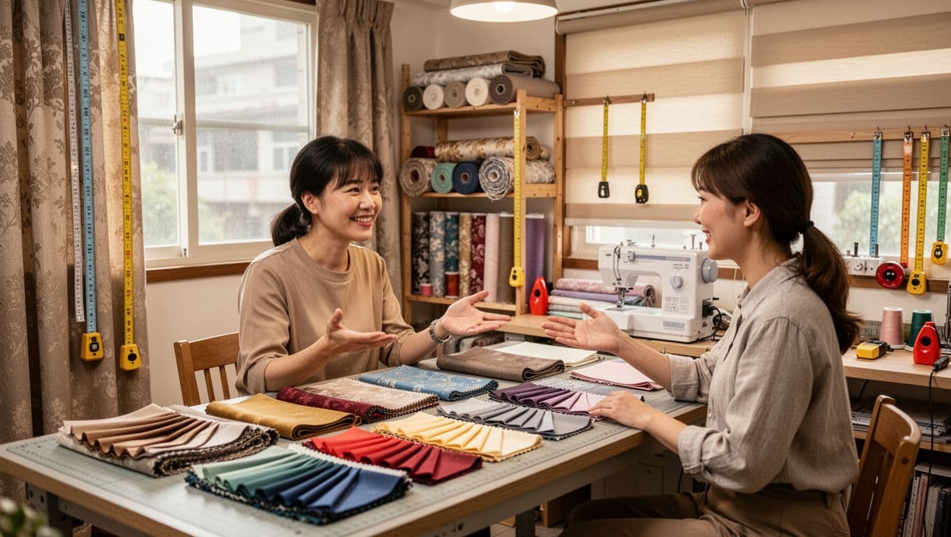 A friendly designer in a cozy small-scale curtain workshop inside a Taiwanese home displays colorful fabric swatches and custom curtain samples to a seated client, with shelves of fabric rolls, sewing tools, and warm window lighting creating an intimate atmosphere.