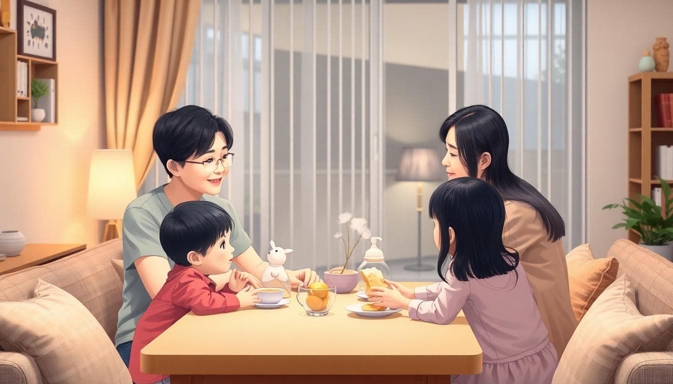A cozy Taiwanese family home living room with soft natural light filtering through windows, a family of four including parents and two children sitting around a wooden dining table, discussing and writing on a shared notepad for family rules and rituals, expressions of agreement and harmony, balanced composition with equal attention to all members, realistic style, warm color tones, no text or watermarks.