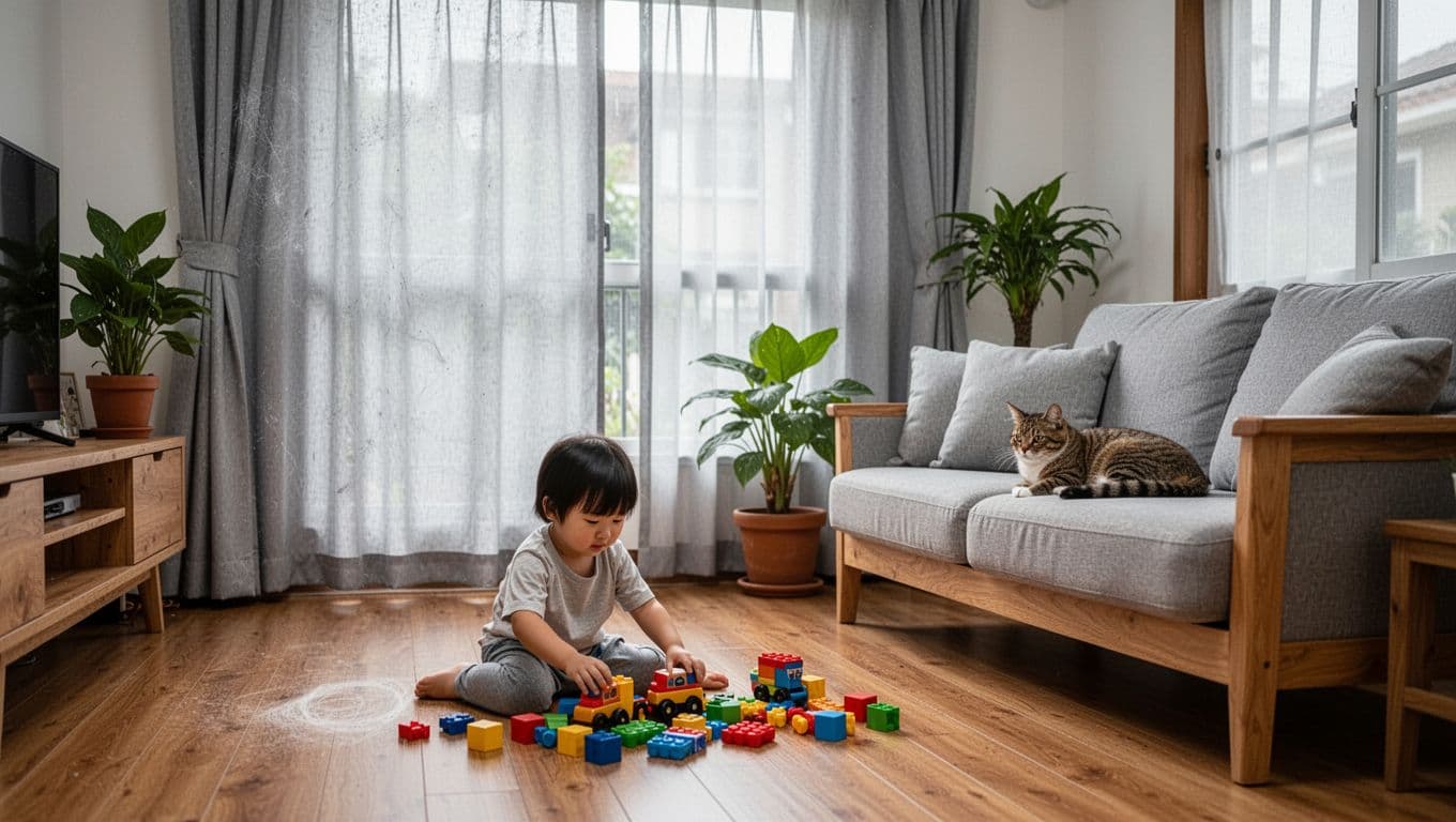 先做重點房間划算嗎?窗簾訂製分期規劃原則 Photorealistic cozy Taiwanese family living room during daytime featuring a young child playing on the wooden floor with toys and a cat lounging on the sofa. Large windows with clean, pet-hair resistant light gray curtains filter natural light softly, emphasizing practical durability and easy maintenance.