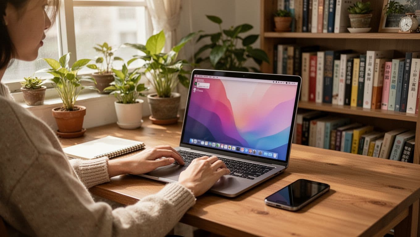 工會退保後勞保空窗怎麼補?4種可行選項完整整理 A cozy home office in a Taiwanese apartment features one freelancer working relaxed on a laptop, with notebook and phone nearby, natural morning light from the window, plants and bookshelves in the background, evoking a focused and independent mood in realistic style.