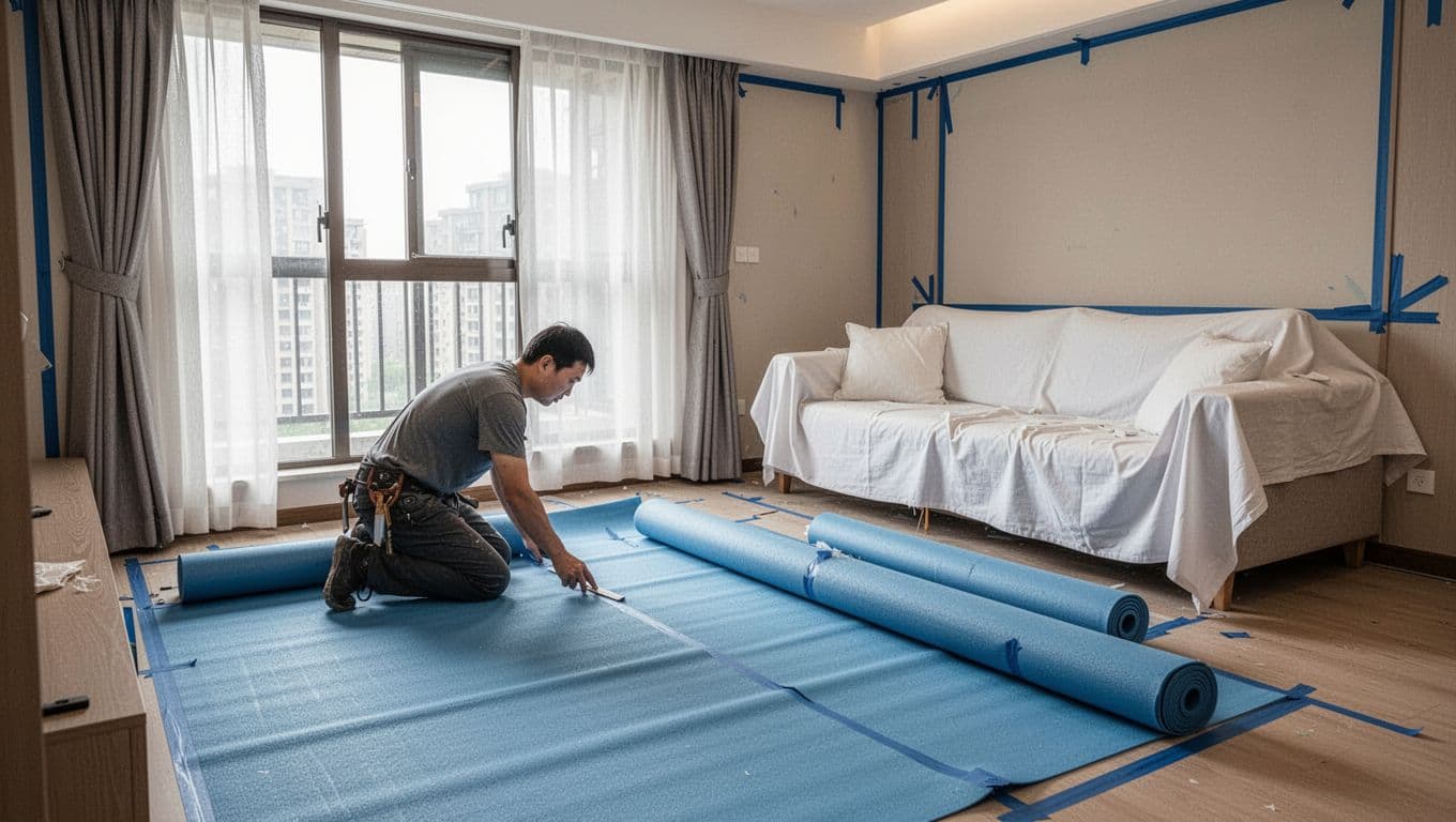 A single worker kneels laying thick blue protective mats across the floor near large windows in a modern Taiwanese living room, preparing for custom curtain installation. Walls feature blue painter's tape, furniture is draped in white cloths, with soft natural daylight and a clean, organized atmosphere.