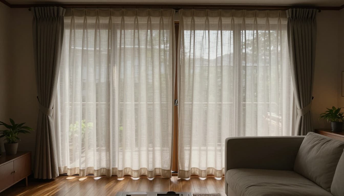 A cozy Taiwanese living room with large windows featuring traditional custom fabric curtains in soft neutral tones, high opacity on one side blocking sunlight and semi-sheer on the other allowing soft light. Includes wooden floor, simple sofa, warm lighting, potted plants, realistic style with detailed fabric textures in a calm, homey mood.