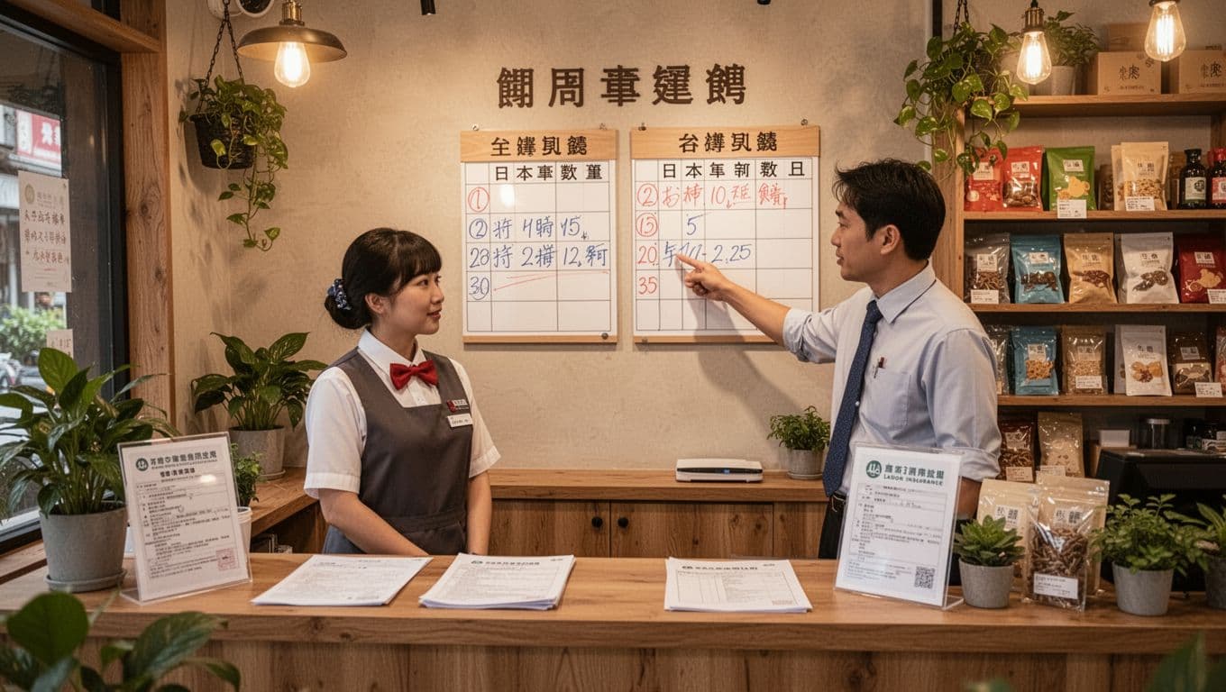Cozy interior of a Taiwanese branch store with one uniformed employee at the counter and manager pointing to a wall schedule showing two shifts, labor insurance documents on counter, warm lighting, plants, and products on shelves in a relaxed mood.