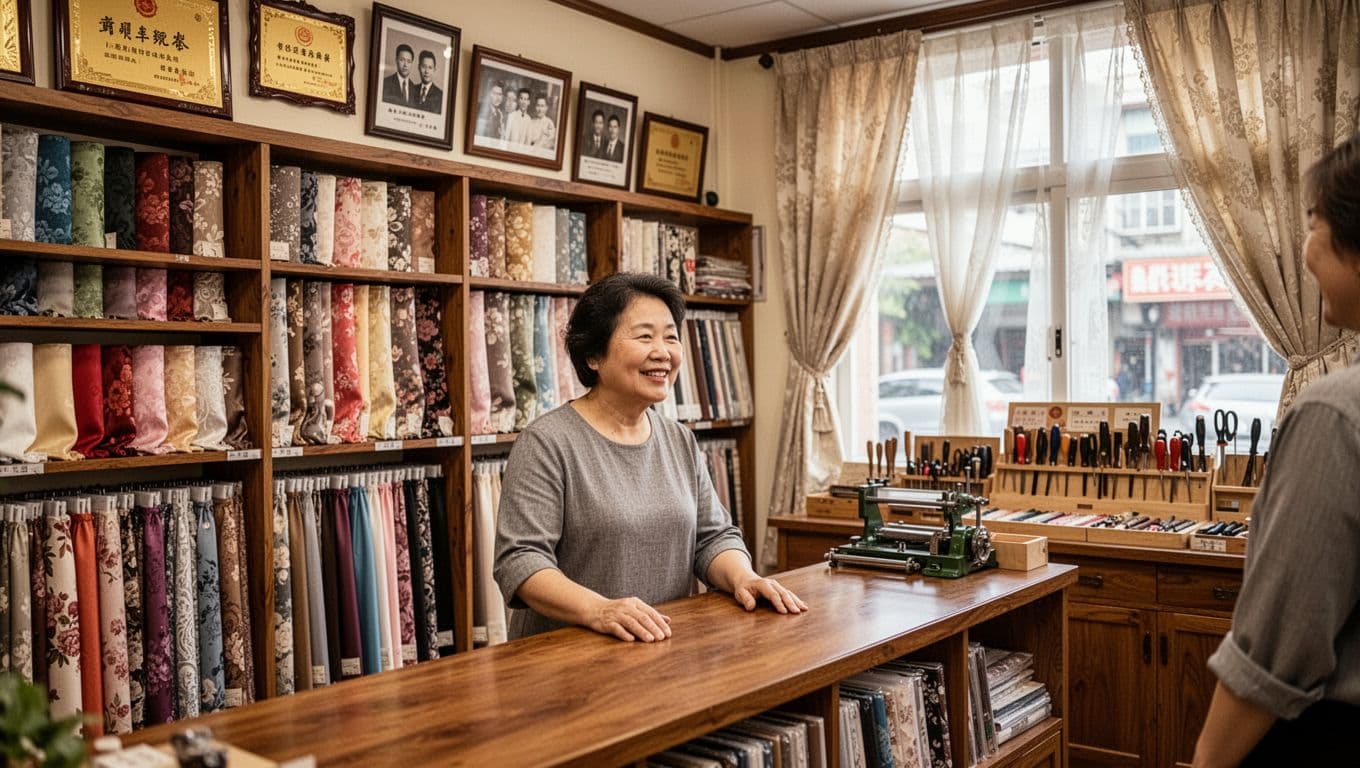 訂製窗簾店家怎麼選?10個指標讓你第一次就找對 A photorealistic depiction of a cozy, established curtain shop in traditional Taiwanese style, with wooden shelves of colorful fabric swatches, neatly hanging curtains, and one friendly shop owner smiling behind the counter. Vintage photos and awards adorn the walls, soft natural light filters through large curtained windows, creating a warm, inviting mood with organized displays and high detail.