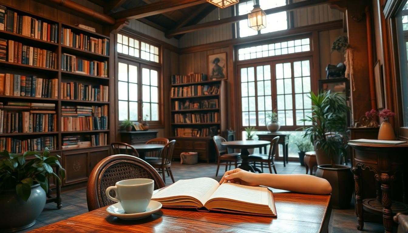 A cozy scene in a vintage Taiwanese old house cafe, with wooden beams, bookshelves filled with literature, a person sitting at a wooden table writing in a notebook, soft natural light filtering through windows, warm atmosphere, foreground shows coffee cup and open book, background has antique furniture and plants, in a realistic style with warm tones, no text or watermarks.