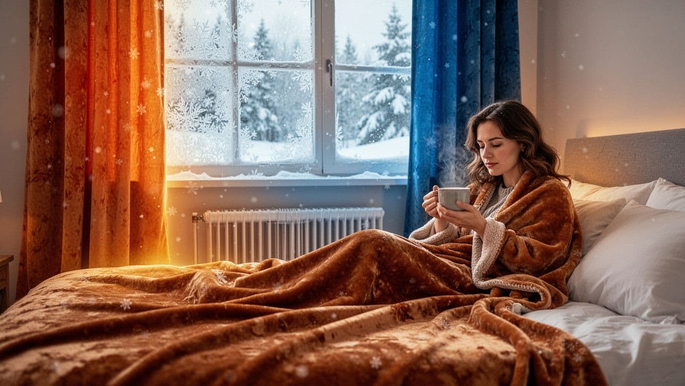 A photorealistic cozy winter bedroom with frosted windows and snow outside, thermal imaging showing warm glow inside from velvet curtains and radiator, one person wrapped in blanket sipping hot tea.