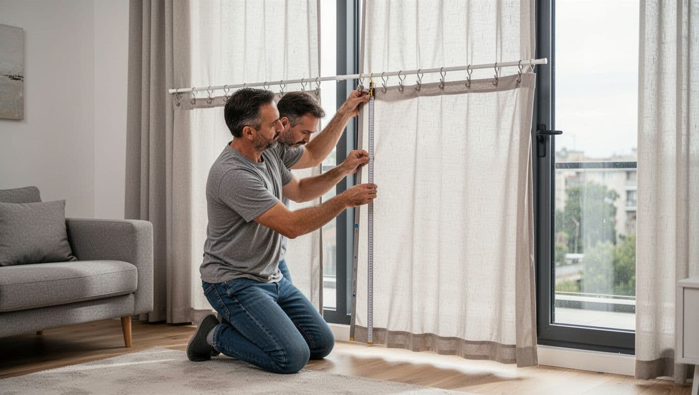 A skilled craftsman kneels by a large window in a bright modern living room, pulling the curtain flat and using a ruler to ensure even spacing between hooks for a straight bottom edge.