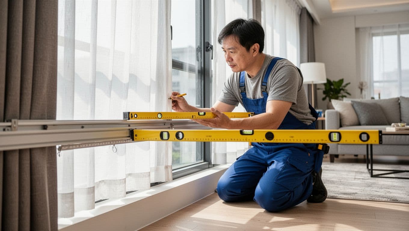 A craftsman kneels by the window in a bright modern living room, using a yellow bubble level on the curtain track to check alignment, with slight unevenness visible at the bottom. Photorealistic style with natural light, clean room background, and full-frame composition.