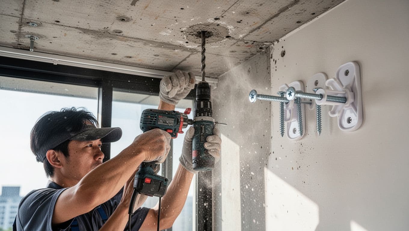 A focused craftsman uses an electric drill to bore holes in a concrete ceiling for installing curtain brackets in a bright modern living room, with dust particles and a comparison to plastic wall plugs for hollow walls.