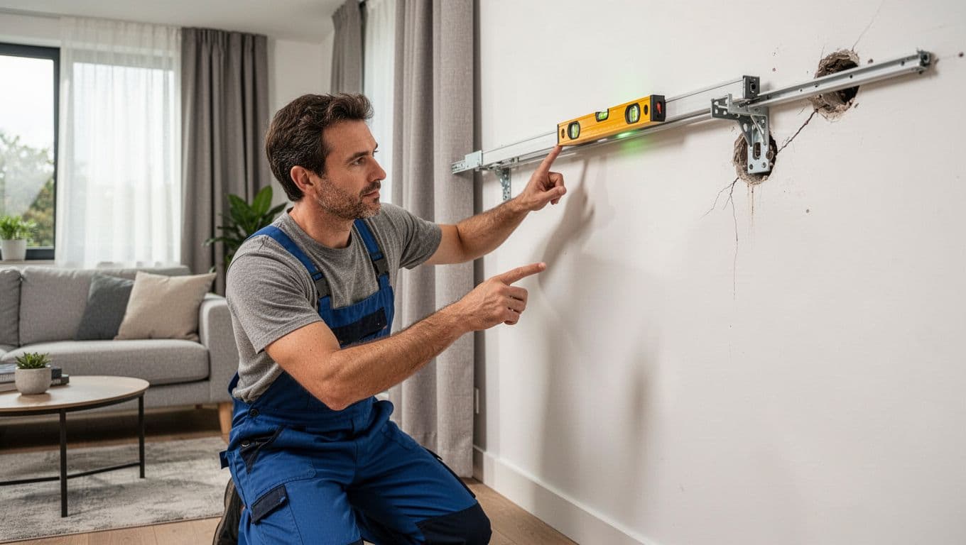 In a modern living room, a craftsman kneels and points to obvious issues in a curtain track installation: unlevel track shown by off-center bubble level, loose shaking bracket, and crooked wall hole with failed fixing.