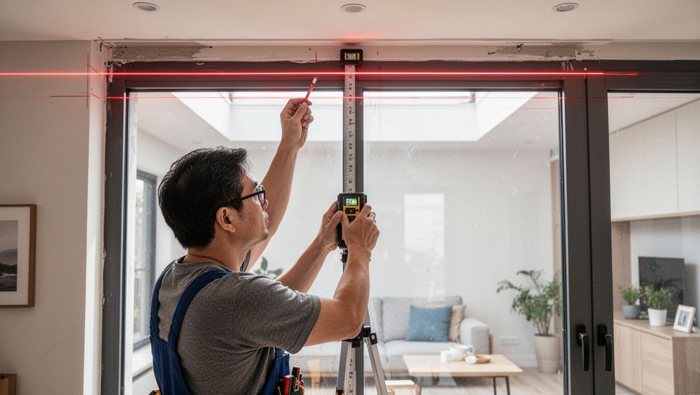 A focused craftsman in a bright modern living room uses a laser level above the ceiling to project a red horizontal reference line across a spacious window, precisely marking pencil lines from left to right amid natural light and clean surroundings.