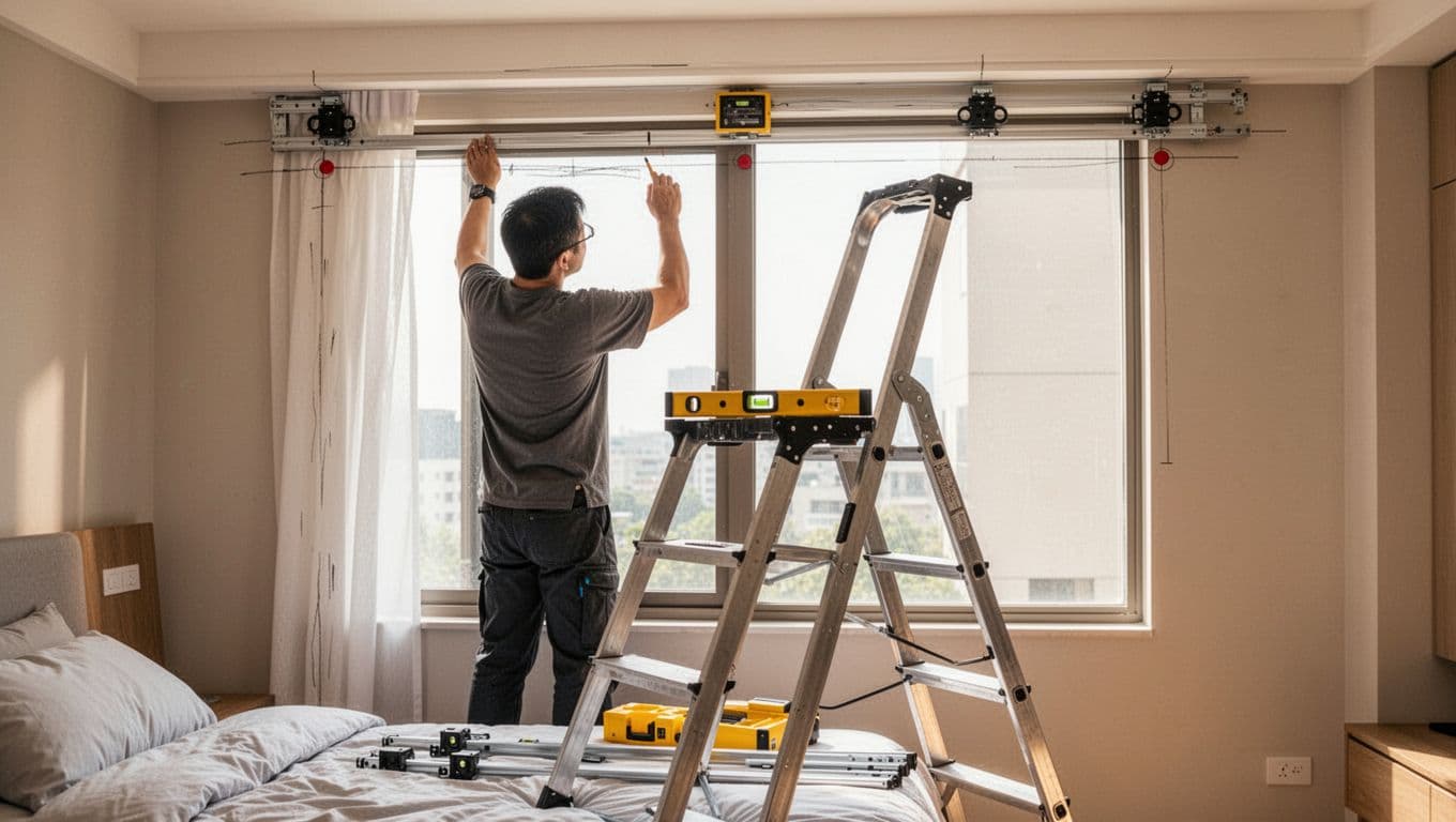 A skilled craftsman stands on a ladder in a modern bedroom, carefully marking positions for curtain track brackets on the wall near a sunlit window using a pencil and checking level with a yellow bubble level. Track parts lie at his feet amid bright, warm natural light and simple surroundings.