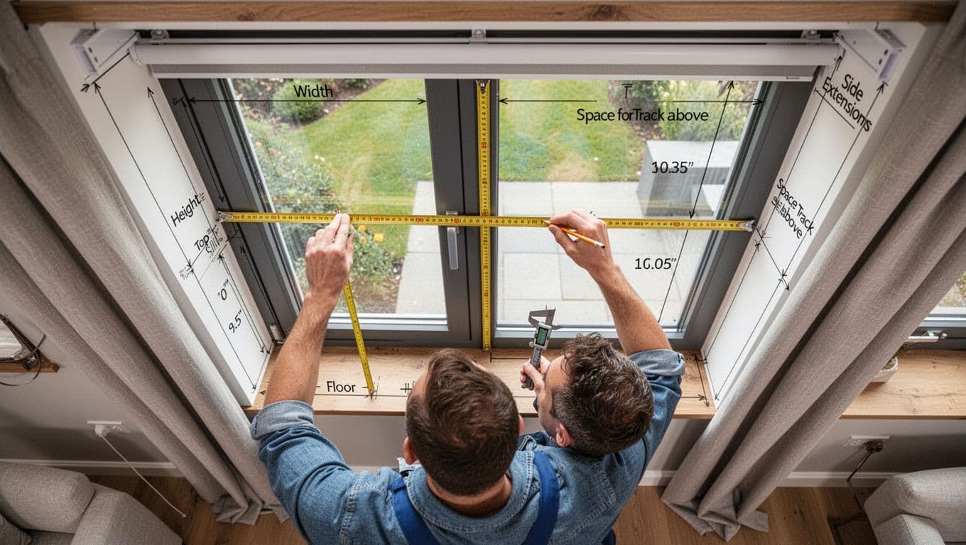 Realistic overhead photo of a craftsman using yellow tape measure and pencil to measure window frame width, height, depth for custom curtains in bright modern living room.