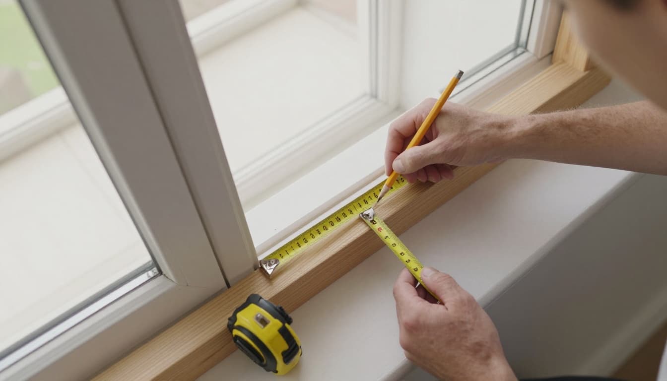 Top-down view of a craftsman using a yellow tape measure to measure the width of a wooden window frame at top, center, and bottom points, highlighting slight unevenness, with pencil marks, in a bright modern room with natural light.