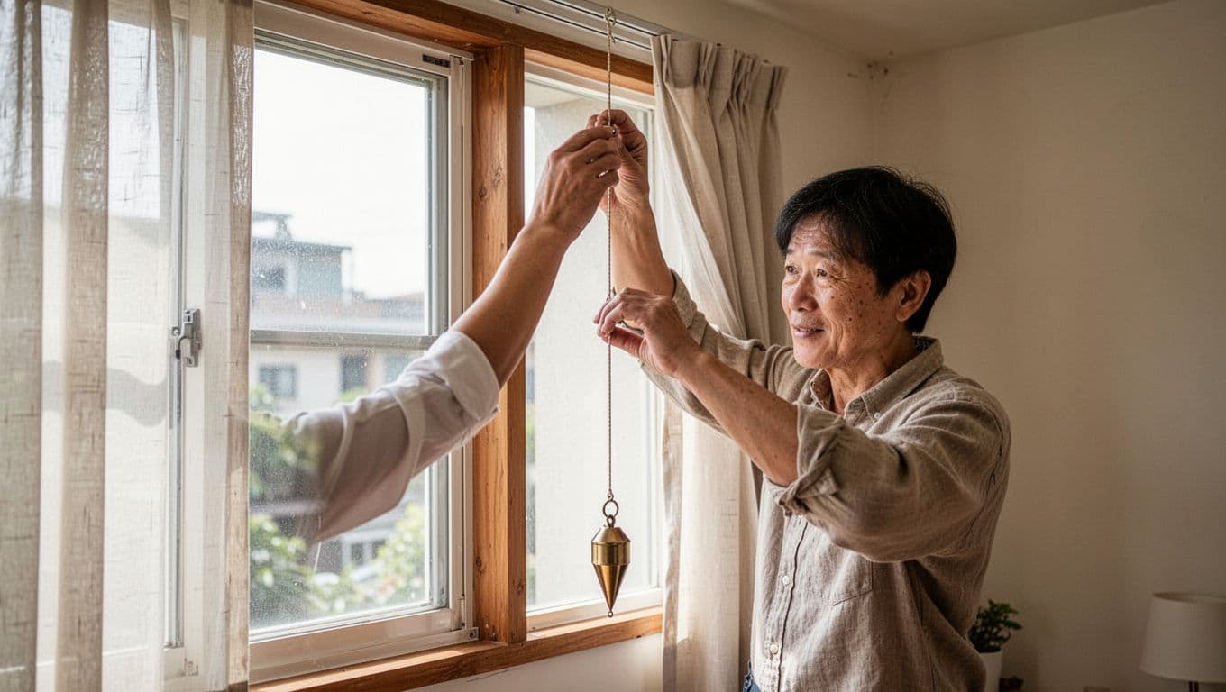 A craftsman in a cozy room window holds a plumb line with weight against hanging curtain edges, contrasting a slightly uneven wall corner. Realistic photography style with natural indoor light, bright and focused on the alignment check.