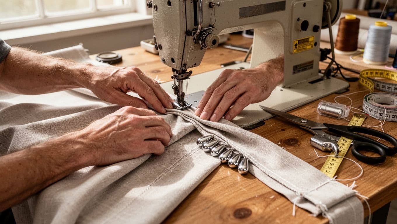 A skilled craftsman in a bright workshop uses an industrial sewing machine for precise edge hemming on custom curtains, carefully inserting metal weights into the bottom hem pocket for perfect drape.