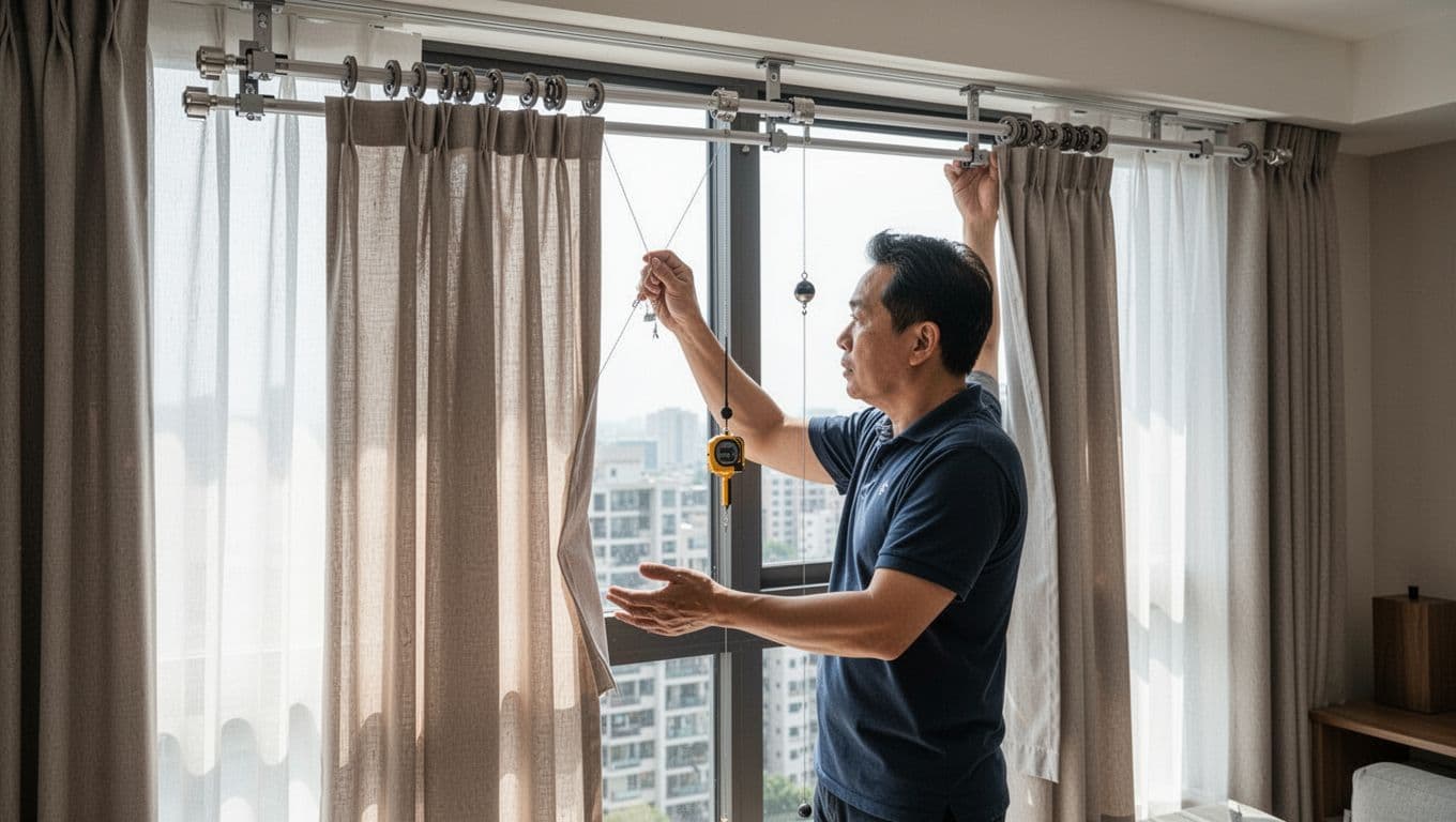 A craftsman verifies curtain track smoothness and fabric vertical alignment using a plumb bob in a modern living room with natural light.