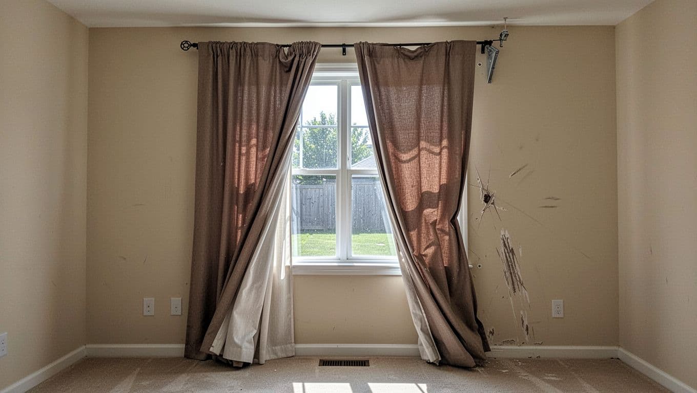 訂製窗簾一定要花錢的3大地方:布料、五金、安裝全解析 Curtains hang crooked in a living room due to unlevel tracks and a loose bracket causing sag, with wall scratches from poor fitting. Daytime natural light clearly exposes the misalignment, defects, and damage on beige walls.