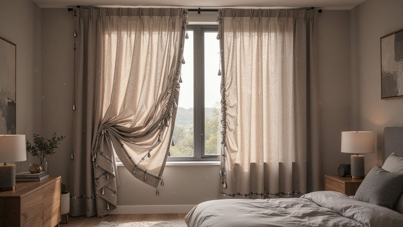 Photorealistic image showing two custom curtain panels in a bedroom window: one perfect and one hanging crooked with uneven pleats, wrinkles, and drooping fabric due to measurement and installation errors, highlighted by soft morning light.
