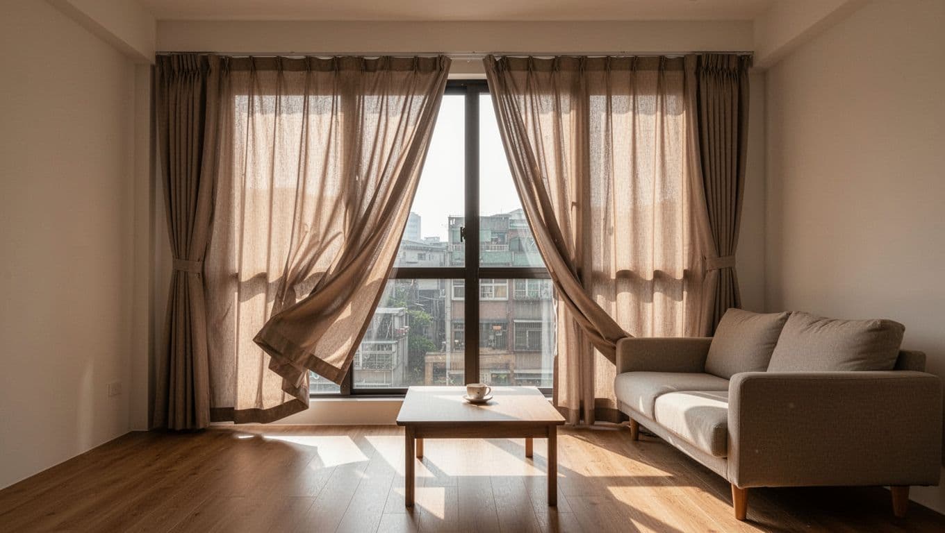 A cozy modern Taiwanese living room with floor-to-ceiling windows and custom-made curtains that are crooked, uneven, and sagging, allowing soft afternoon sunlight to filter through and cast shadows on the wooden floor and minimalist furniture.