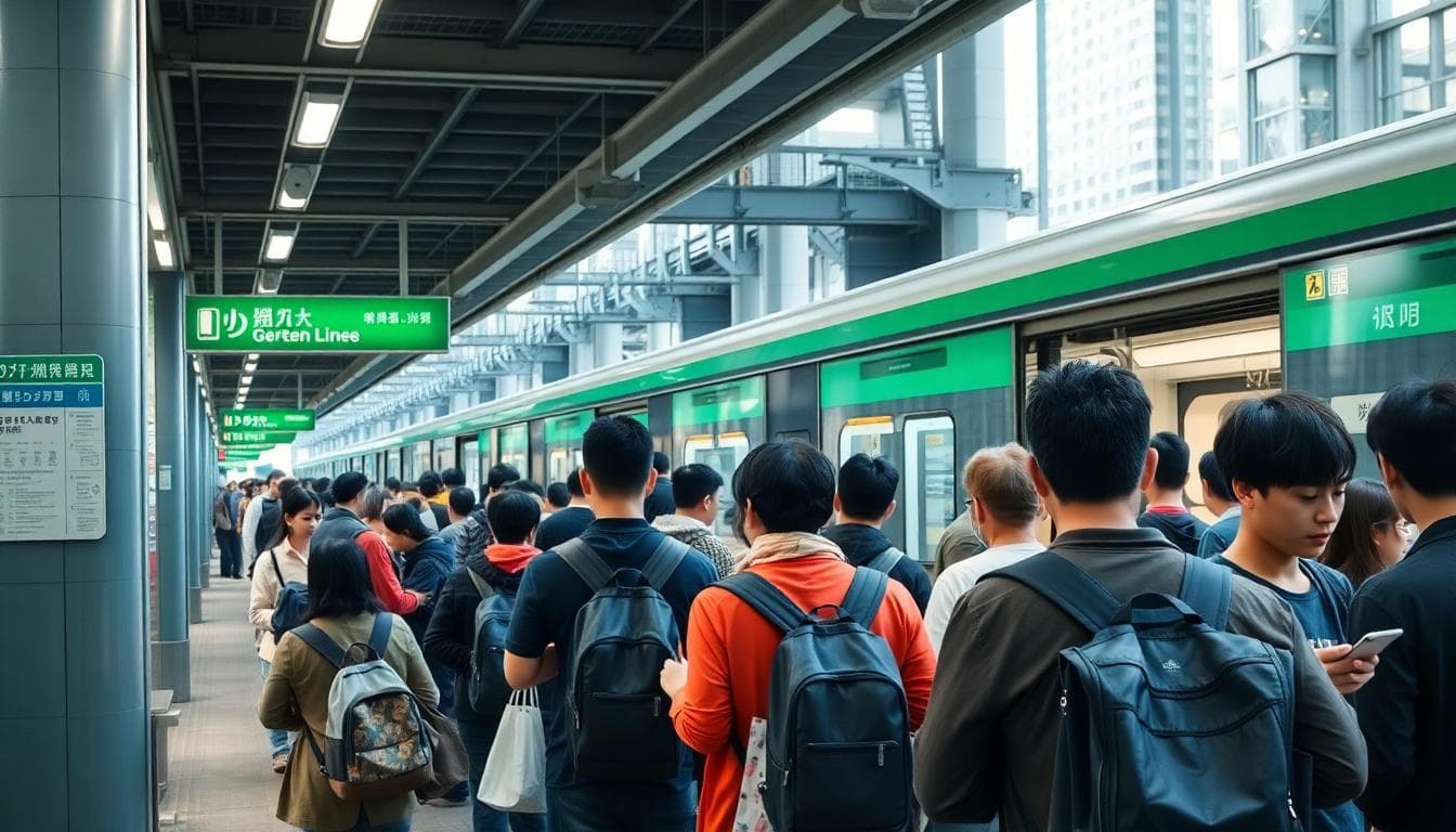 台中捷運綠線車站高峰期擁擠景象，人群在平台等待，背包和購物袋散見，背景有抵達的列車和城市標誌