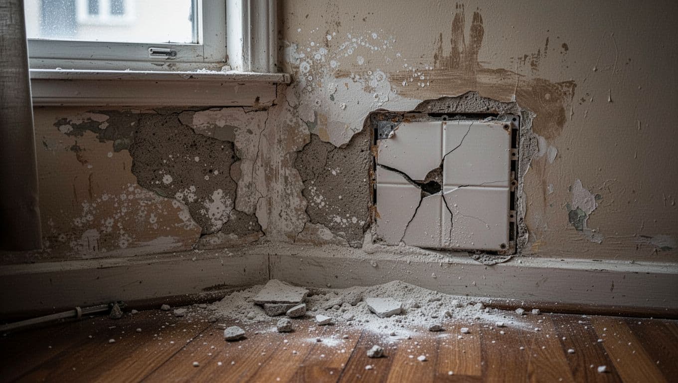 Close-up of an old apartment interior wall near a window showing severe powdering and crumbling plaster, efflorescence white stains from moisture, a loose hollow tile with cracks, and subtle water damage marks under dim lighting.