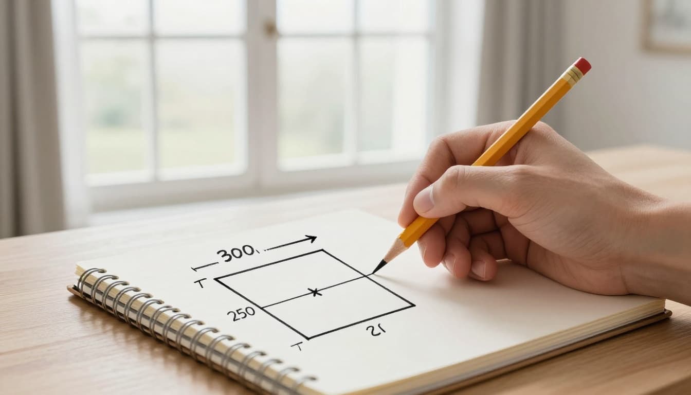 大面窗訂製窗簾怎麼估價?先抓寬高面積數字 Photorealistic illustration of a notepad on a table featuring a simple sketch calculating curtain area for a large window using width times height formula, with one hand holding a pencil drawing the multiplication and a window view in the background under soft indoor lighting.