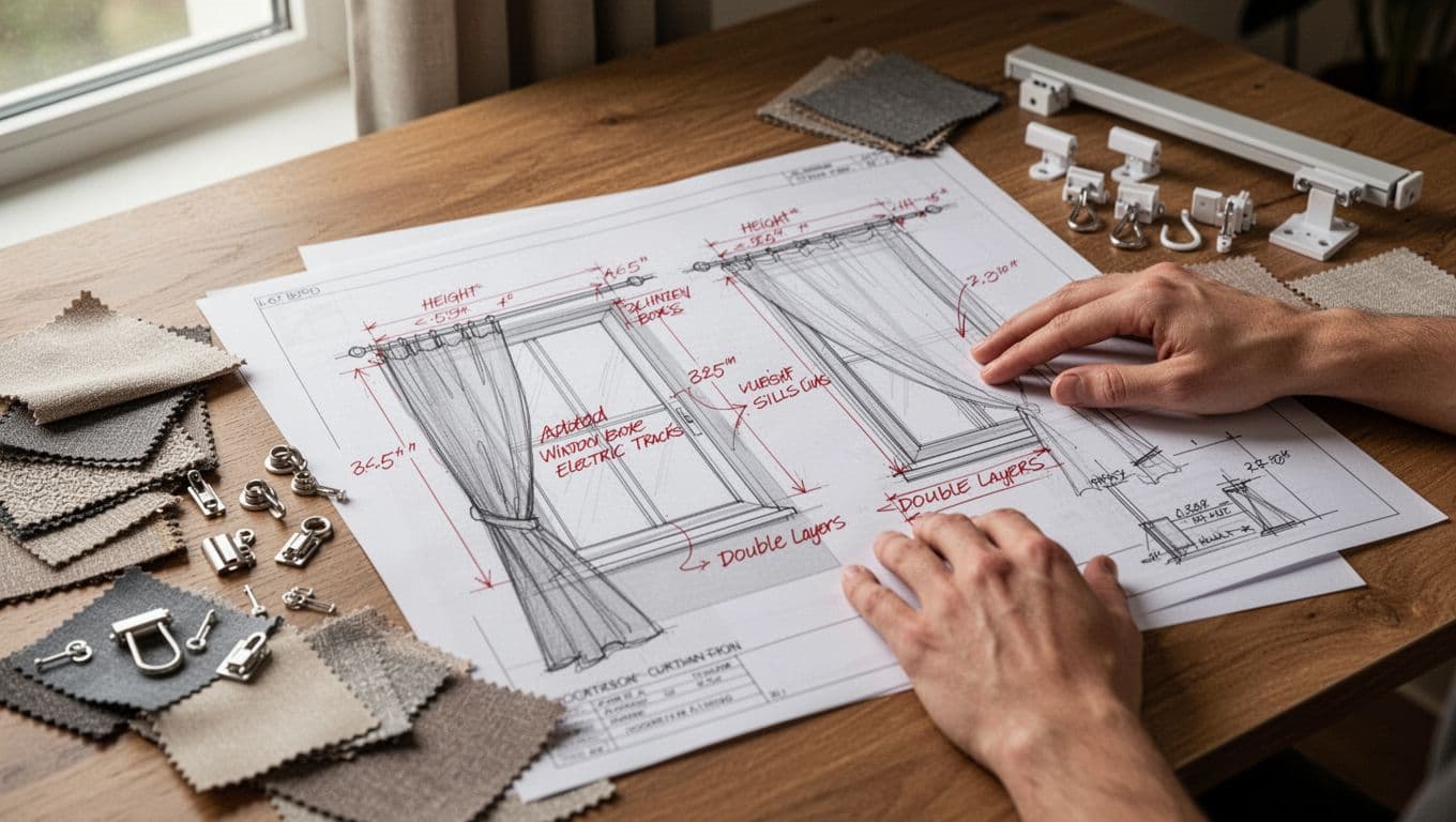 Close-up realistic photo on a wooden desk in a home office showing architectural blueprints and curtain design sketches with handwritten red pen marks for changes like curtain box heights, window sills, electric tracks, and double layers. Scattered fabric swatches and hardware samples like rails and hooks, with one relaxed hand on the paper edge, under soft natural light.