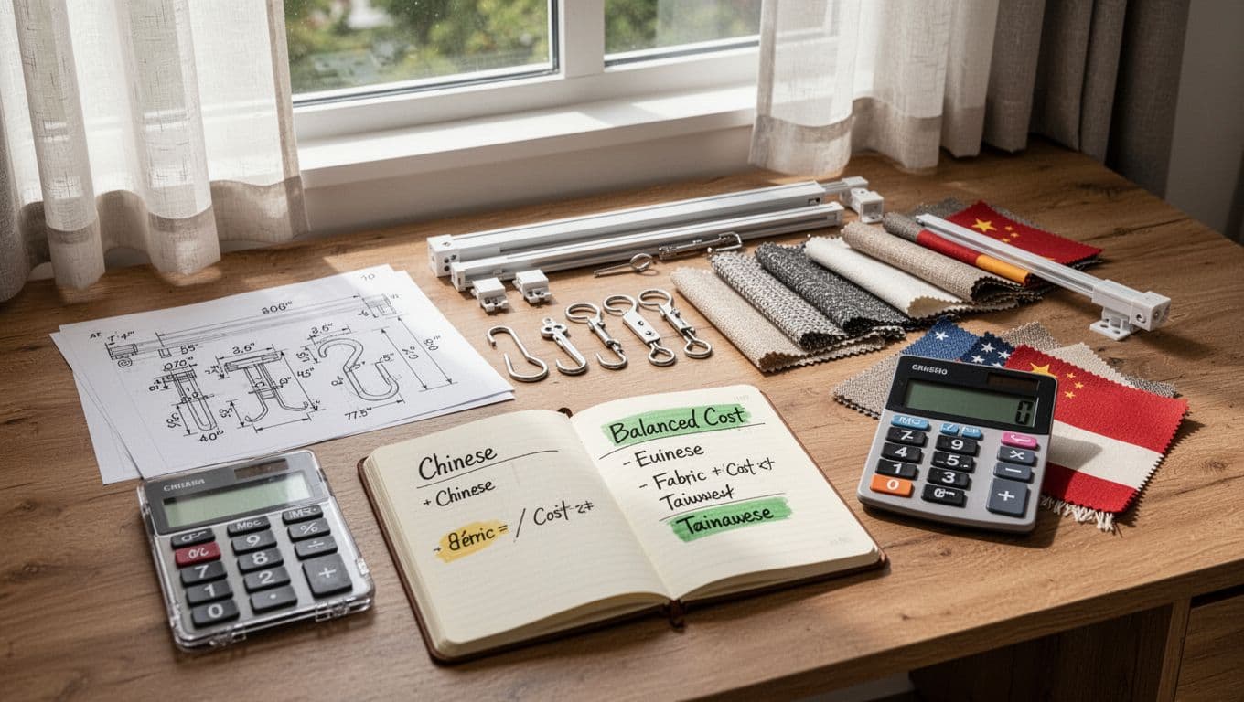 Photorealistic home workspace for curtain design with window measurements on paper, fabric swatches from Chinese, European, and Taiwanese origins, hooks, tracks, calculator showing cost notes, and one open notebook on a wooden desk in natural daylight.