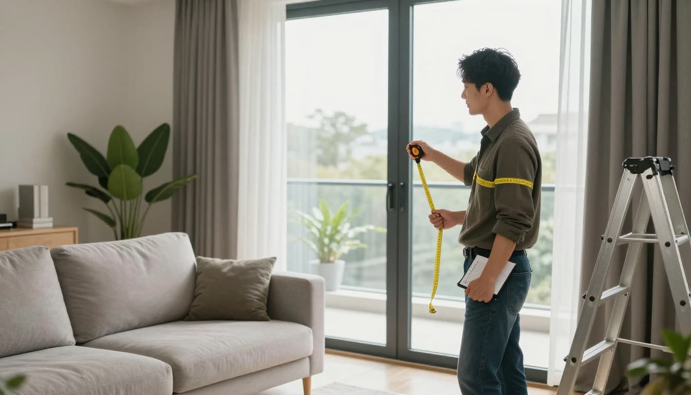 A single curtain designer in casual work clothes measures a large living room window in a modern Taiwanese apartment using a loosely held tape measure, with notepad in pocket and ladder nearby. Home interior features sofa, plants, and daylight, highlighting personal service in a professional, friendly atmosphere.